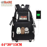OHCOMICS We Bare BearsGrizzly Panda Ice Bear Canvas Backpack External USB Charging Port School Travel Bags suit for students