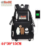 OHCOMICS We Bare BearsGrizzly Panda Ice Bear Canvas Backpack External USB Charging Port School Travel Bags suit for students
